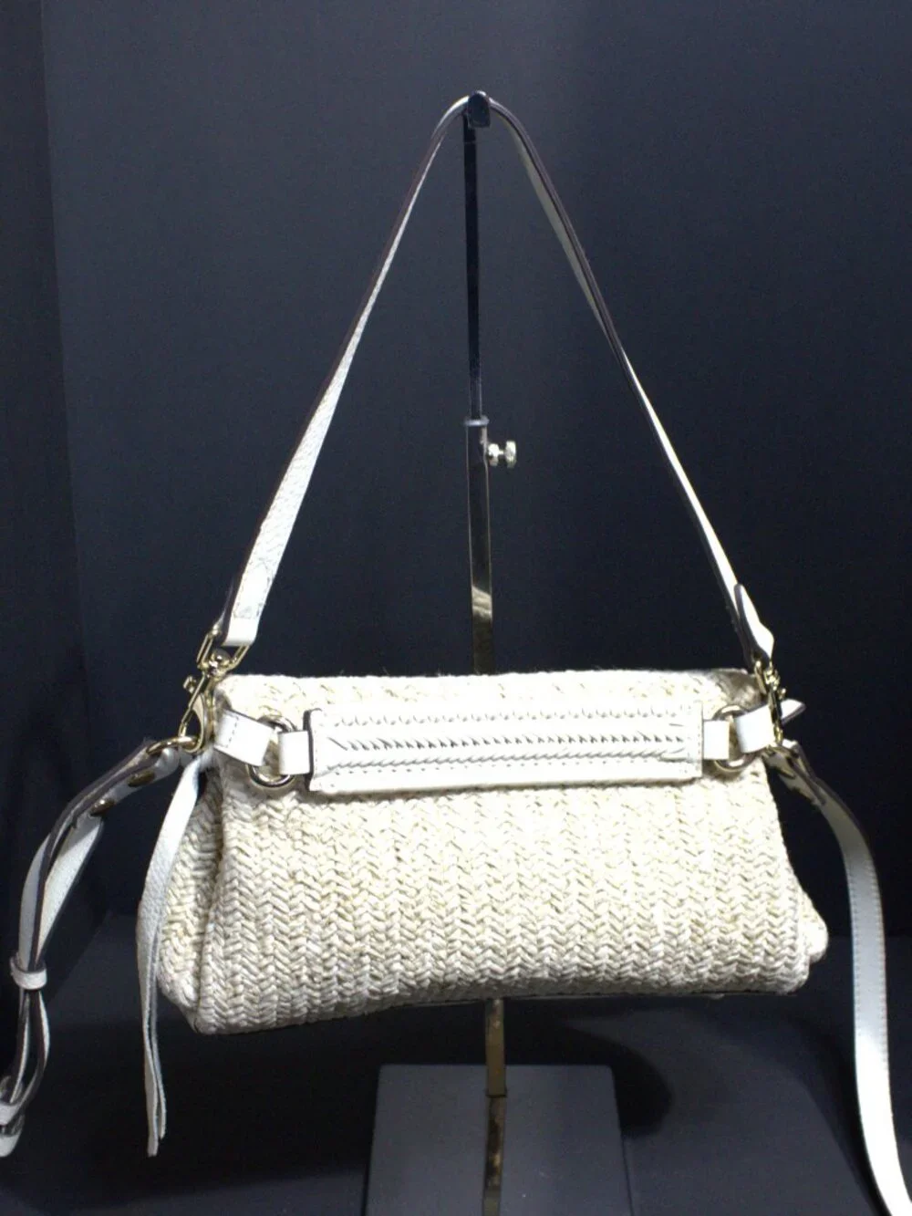 Aimee Kestenberg Raffia Biege Crossbody with Leather, Gold Hardware
